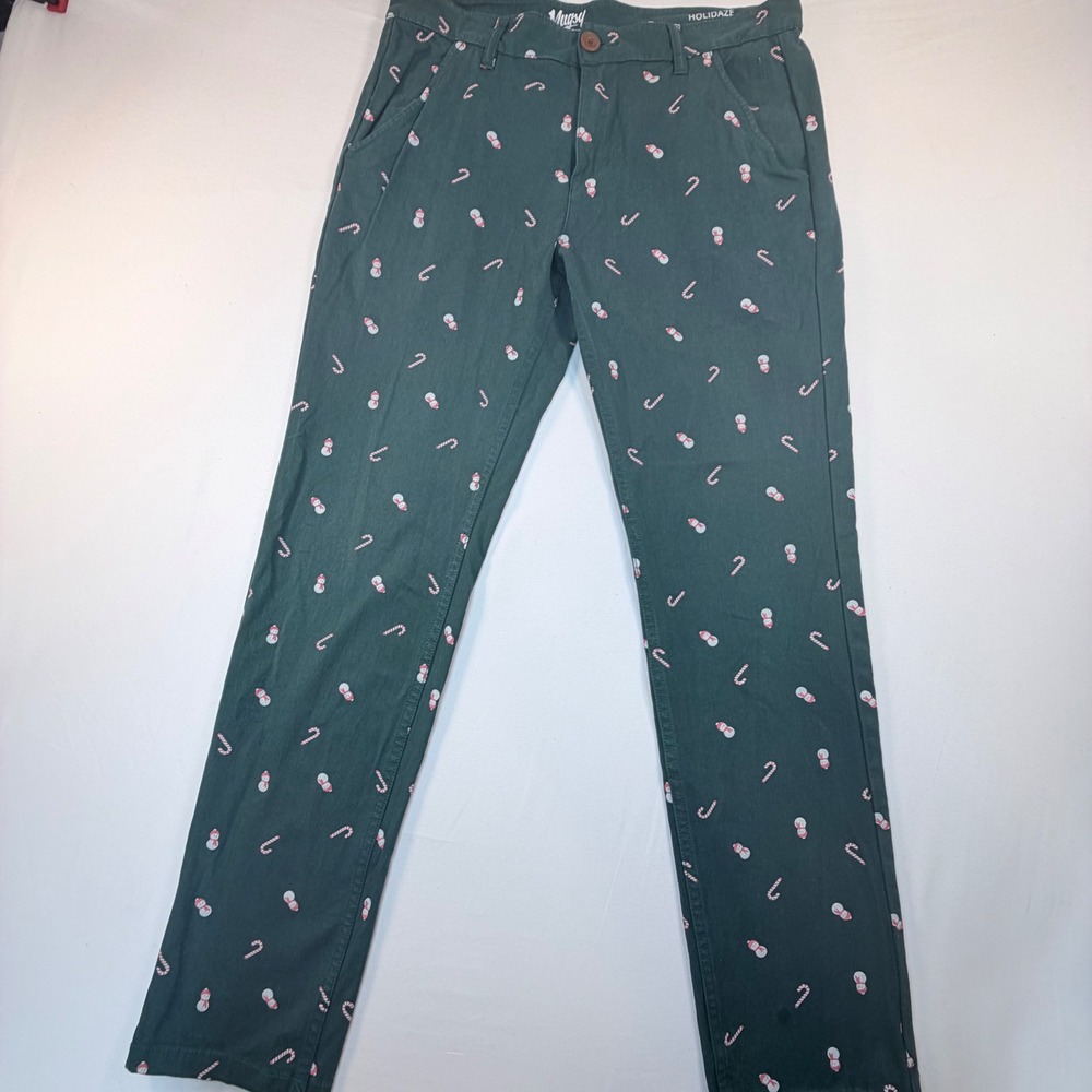 Mugsy Holidaze Pants Mens 32x32 Green Christmas Snowman Candy Cane Stretch Chino